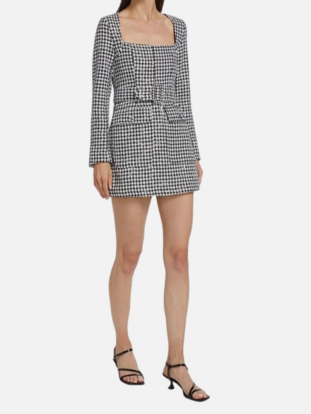 LDT Women's Black Sequins Houndstooth Portrait Neck Belted Amanda Dress Size 2